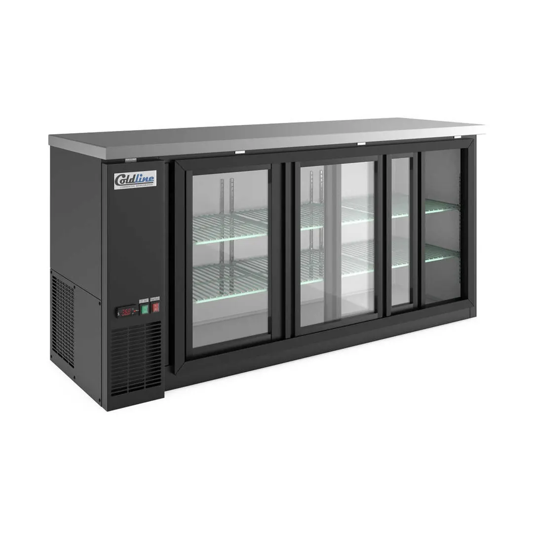 Coldline CBB-72G-SL 72" Bar Cooler, 19.6 Cu Ft, Black, Sliding Glass, Shelves, Temp Control, R290