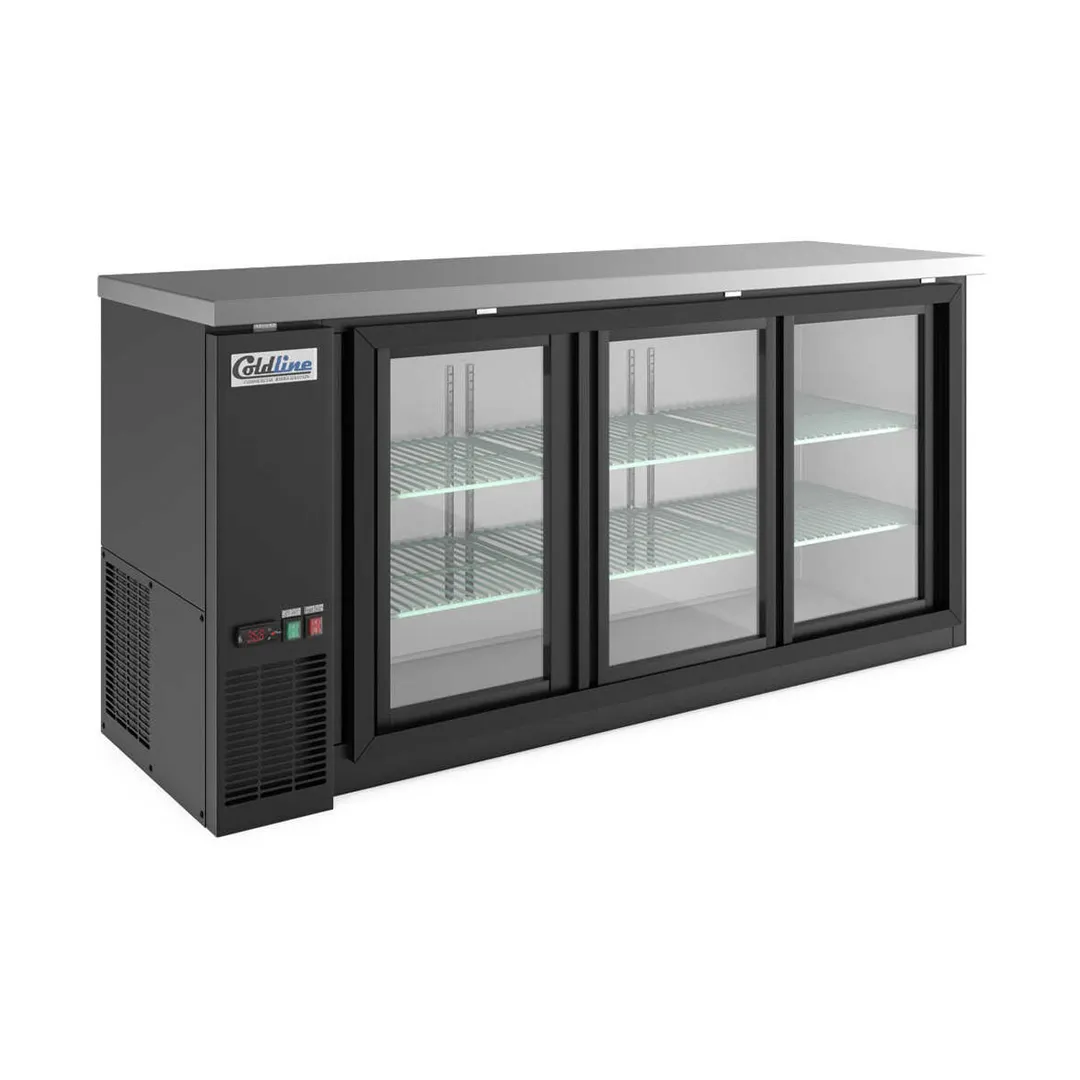 Coldline CBB-72G-SL 72" Bar Cooler, 19.6 Cu Ft, Black, Sliding Glass, Shelves, Temp Control, R290