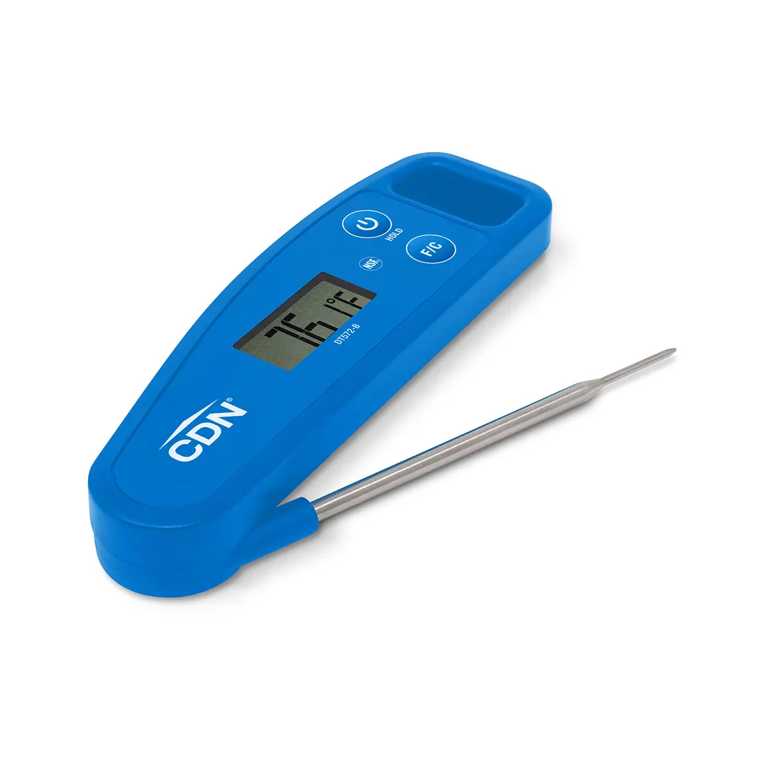 CDN DT572-B Folding Thermometer, -58 to +572°F, 1.7 mm Tip, 3‑3/8" Stem, Blue ABS, NSF Certified