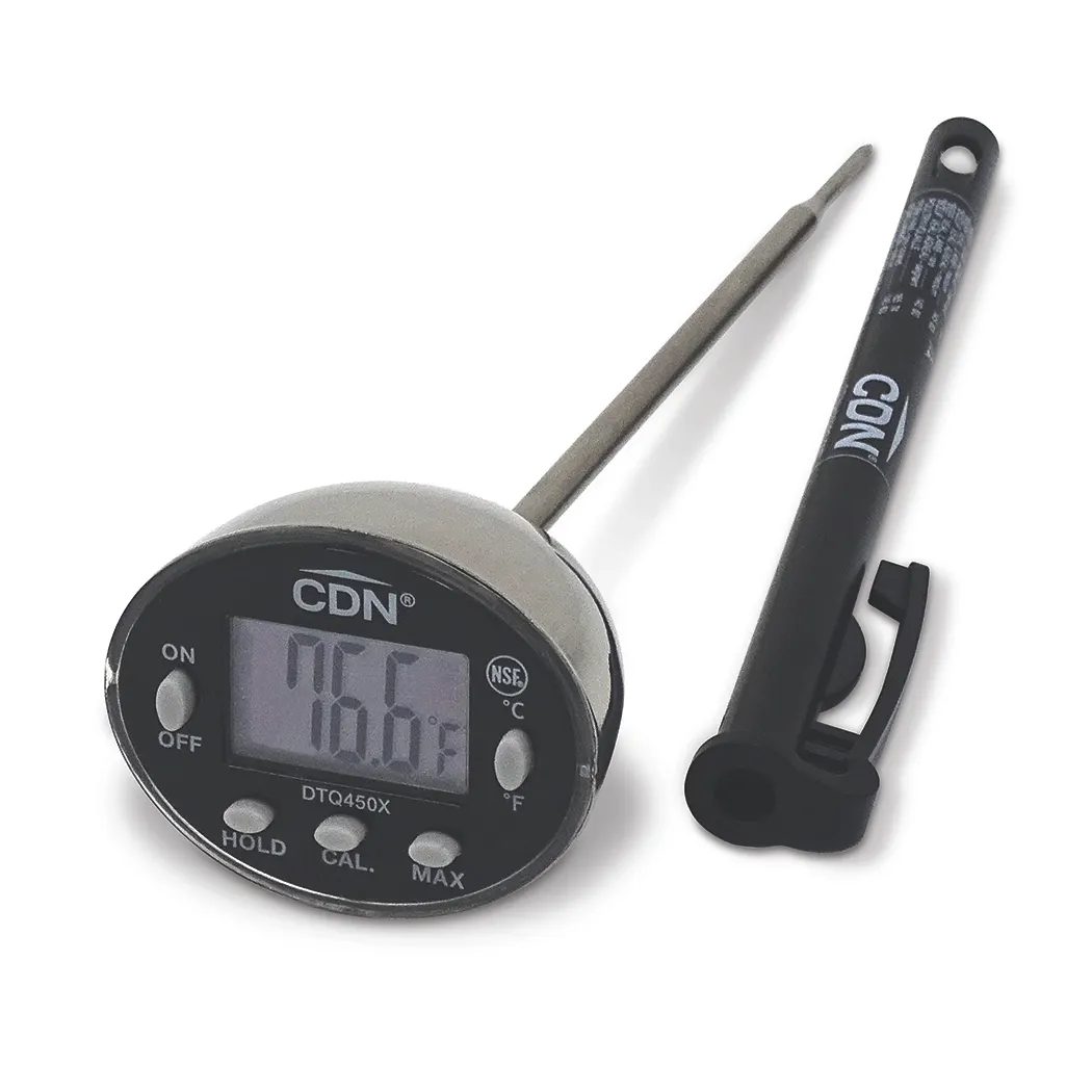 CDN DTQ450X Thermometer, -40 to +450°F, 6‑sec Response, 1.5 mm Tip, 5" Stem, Waterproof, Shatterproof