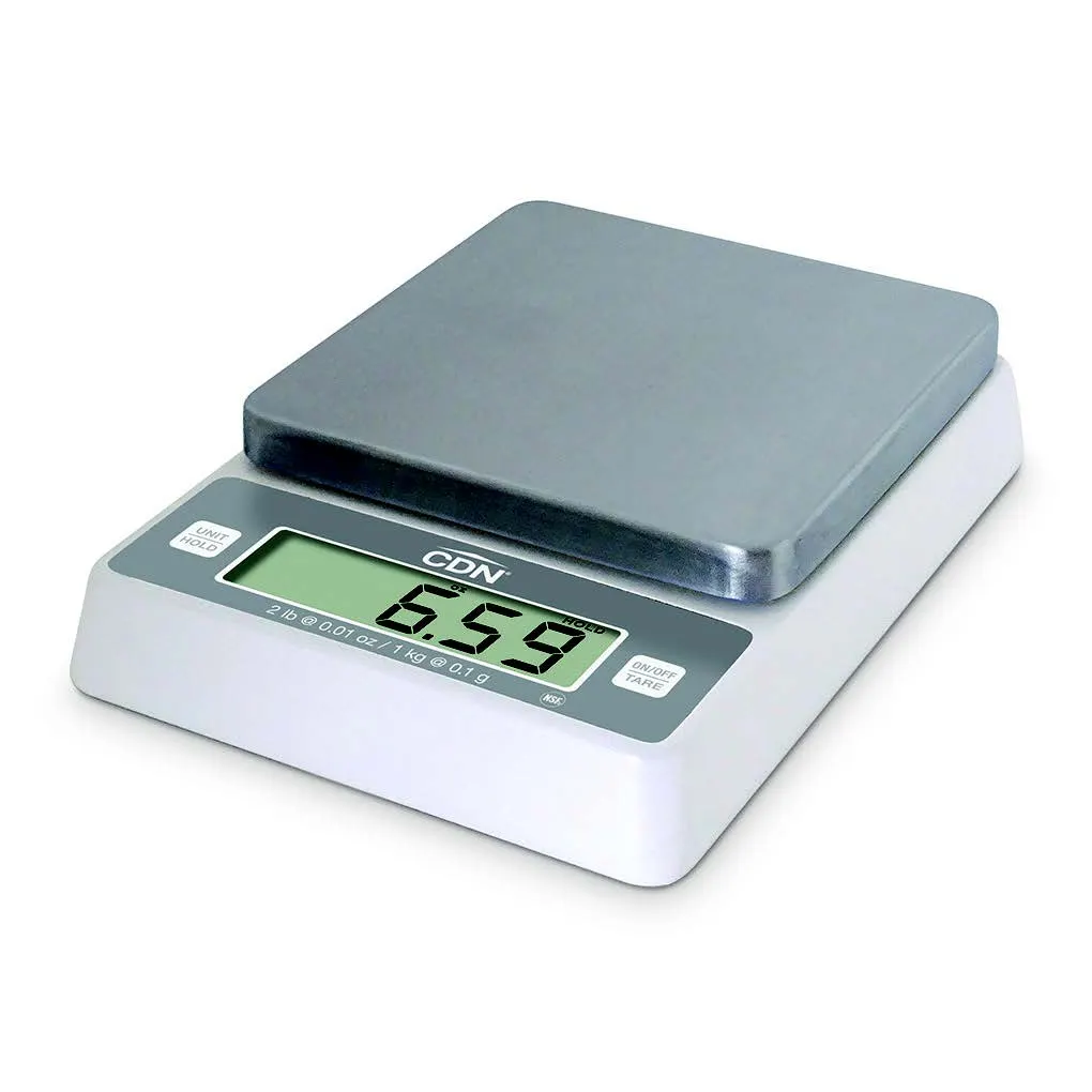 CDN SD0204 Portion Scale, 4-90/100"W x 7-87/100"D x 1-3/4"H, 5" Stainless Steel Platform, 2.2lb Capacity, Battery & AC