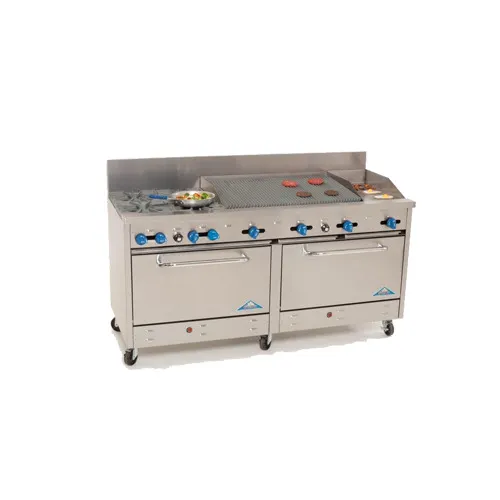 Comstock-Castle 2F330-18-2.5RB 72" Gas Restaurant Range w/ (4) Open Burners, (1) 18" Griddle, (1) 30" Charbroiler, (2) Standard Ovens, 284.000 BTU