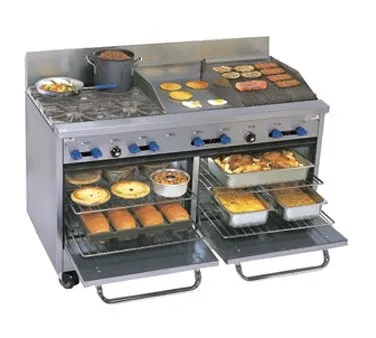 Comstock-Castle F3226-18-1.5RB 60" Gas Restaurant Range w/ (4) Open Burners, (1) 18" Griddle, (1) 18" Charbroiler, (2) Standard Ovens, 244.000 BTU
