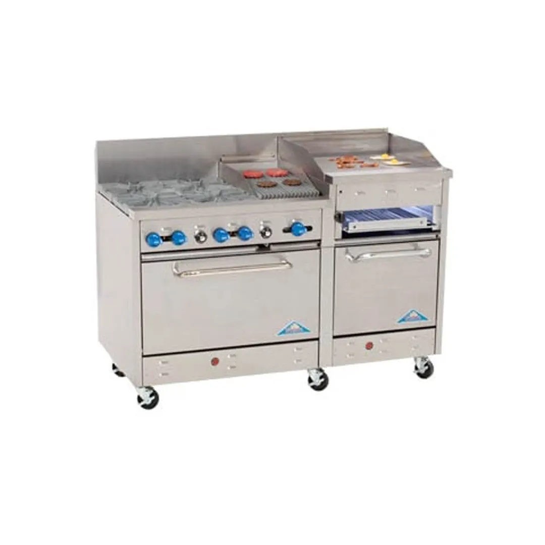 Comstock-Castle F3226-1RB-24B 60" Gas Restaurant Range w/ (4) Open Burners, (1) 24" Raised Griddle, (1) 12" Charbroiler, (2) Standard Ovens, 216.000 BTU