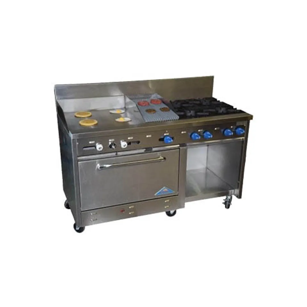 Comstock-Castle F33033-30-1.5RB 72" Gas Restaurant Range w/ (4) Open Burners, (1) 30" Griddle, (1) 18" Charbroiler, (1) Standard Oven, (1) Cabinet Base, 250.000 BTU