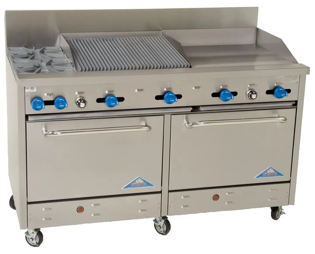 Comstock-Castle F3226-30-1.5RB 60" Gas Restaurant Range w/ (2) Open Burners, (1) 30" Griddle, (1) 18" Charbroiler, (2) Standard Ovens, 226.000 BTU 