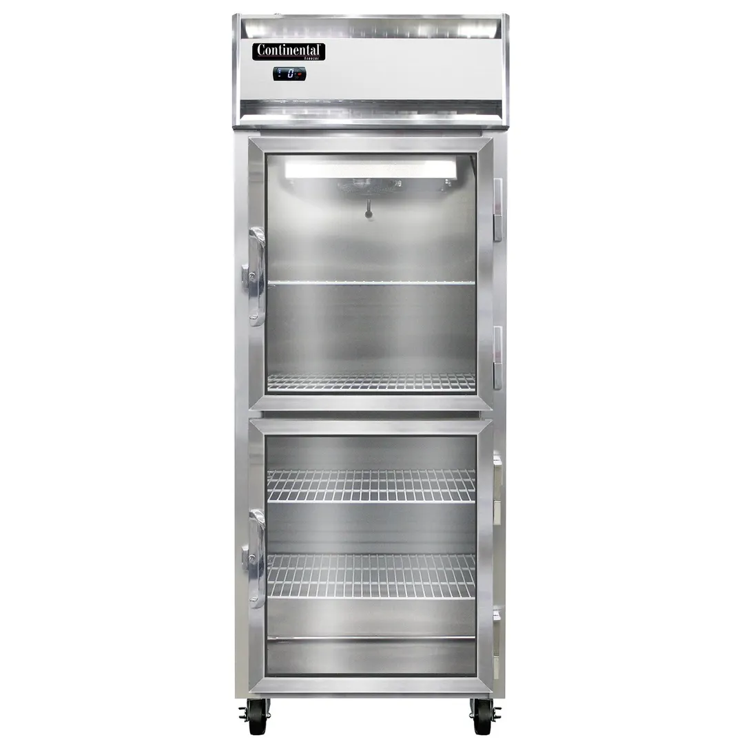 Continental Refrigerator 1FENSSGDHD 28" 2-Half Glass Door Reach-In Freezer, Top Mounted, Stainless Steel, 21 cu. ft.