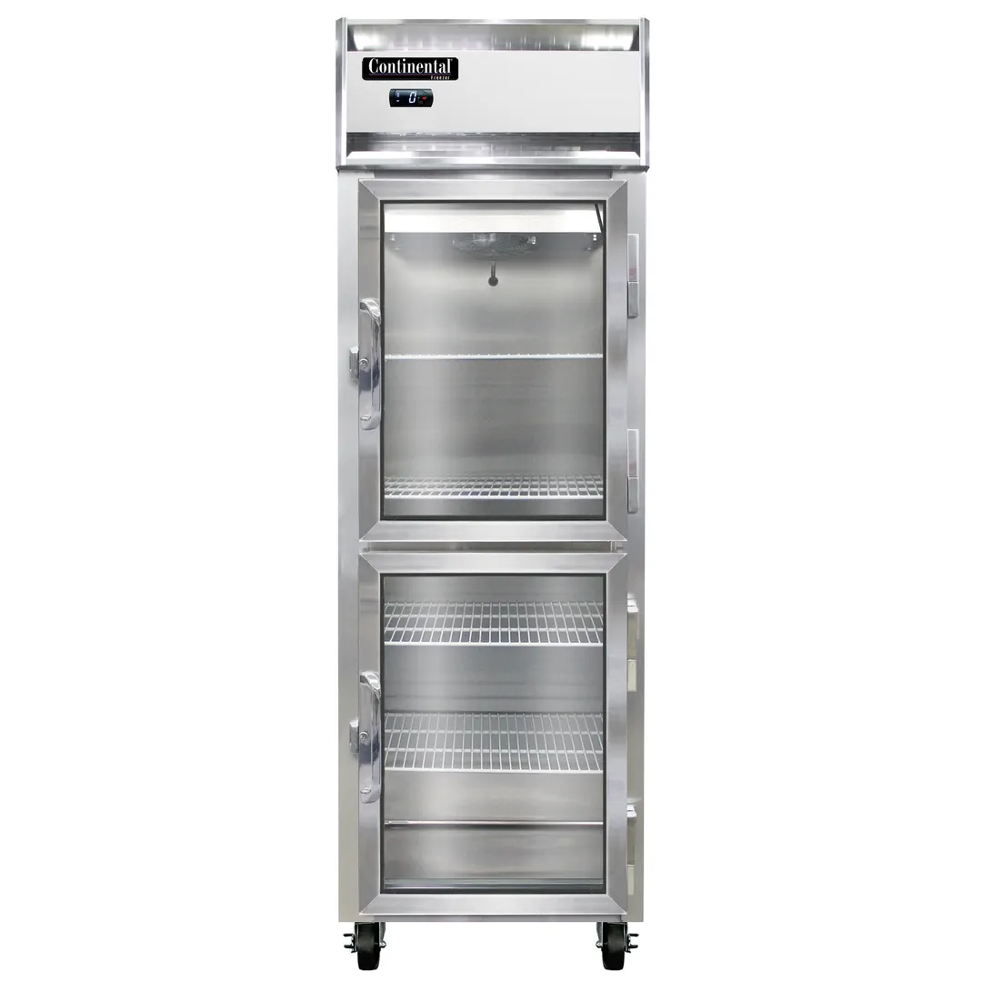 Continental Refrigerator 1FNGDHD 26" 1-Section Reach-In Freezer, 2 Half Glass Doors, Top Mounted, 20 cu. ft., Stainless Steel Front, Aluminum Interior & Exterior