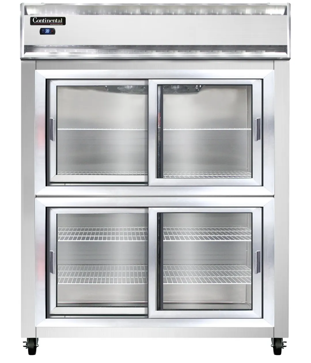 Continental 2RENSSSGDHD 57" 2-Section Reach-In Refrigerator w/ 4 Sliding Half Glass Doors, All Stainless Steel, 50 cu.ft.