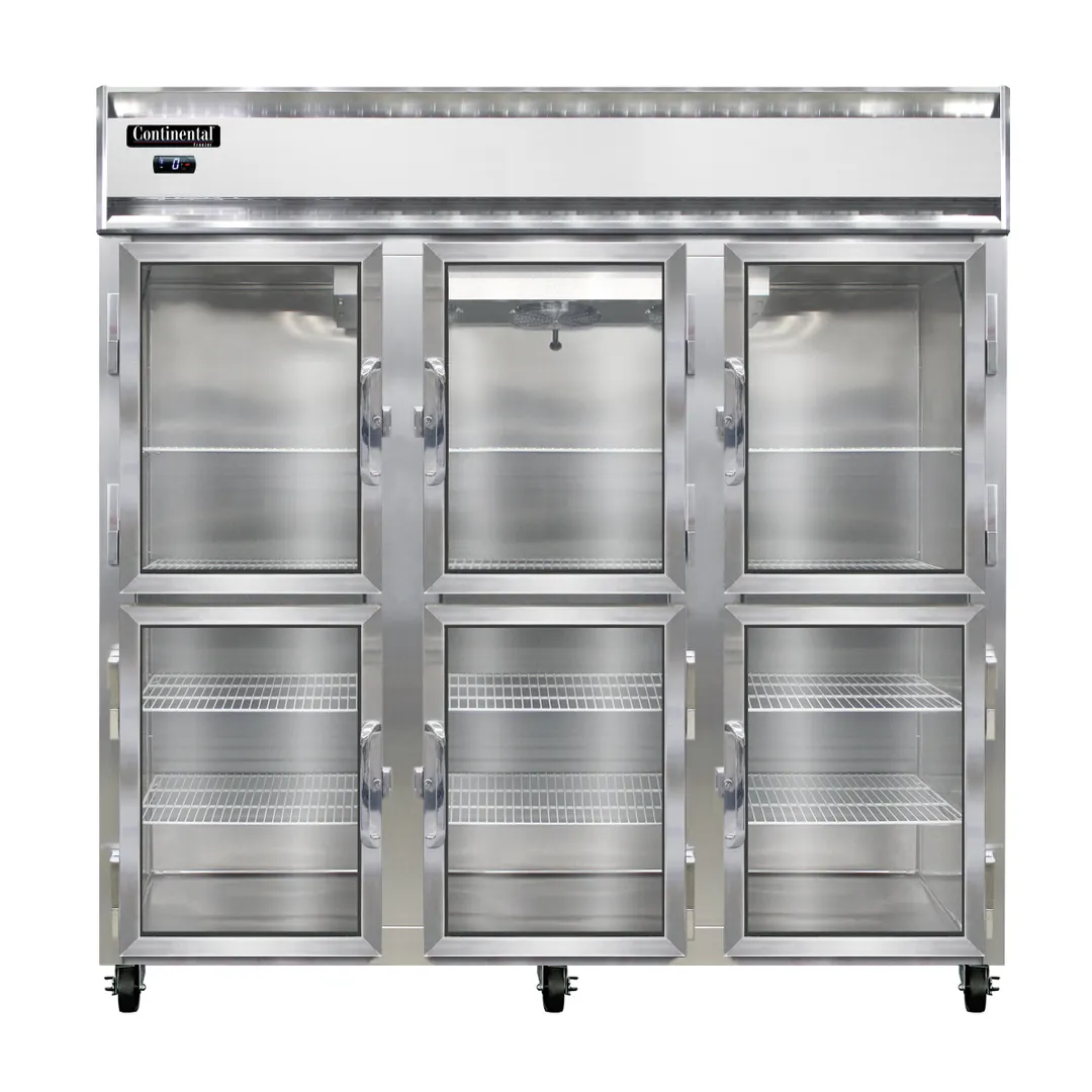 Continental Refrigerator 3FNGDHD 78" 3-Section Reach-In Freezer, 6 Half Glass Doors, 70 cu. ft., Stainless Steel Front, Aluminum Interior & Exterior
