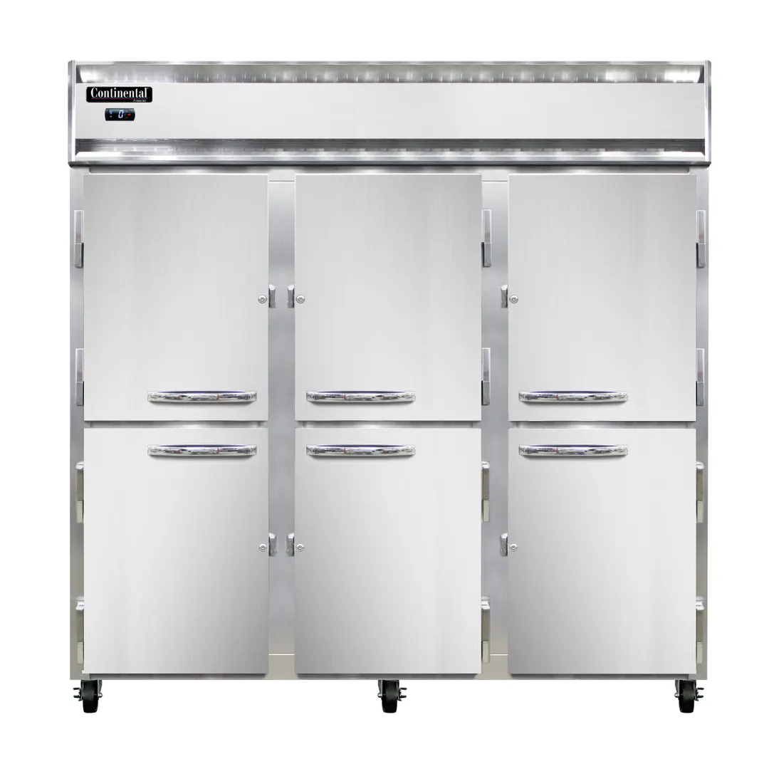 Continental Refrigerator 3FNHD 78" 3-Section Reach-In Freezer, 6 Half Solid Doors, 70 cu. ft., Stainless Steel Front, Aluminum Interior