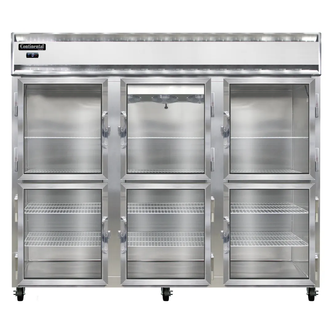 Continental Refrigerator 3FENGDHD 85" 3-Section Reach-In Freezer, 6 Half Glass Doors, 73 cu. ft., Stainless Steel Front, Aluminum Interior & Exterior