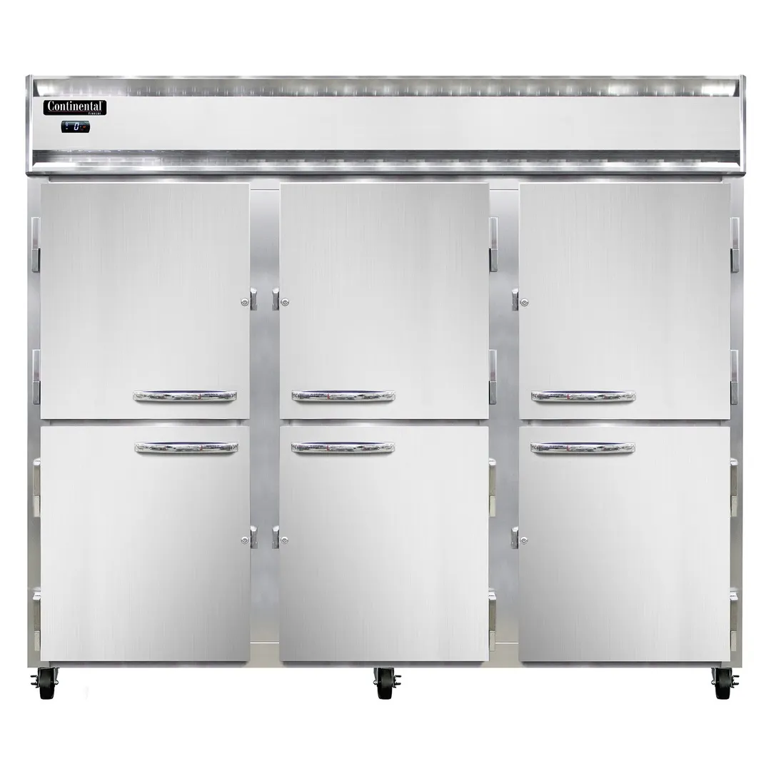 Continental Refrigerator 3FENSAHD 85" 3-Section Reach-In Freezer, 6 Half Solid Doors, Stainless Steel Exterior, 73 cu. ft., Top Mounted