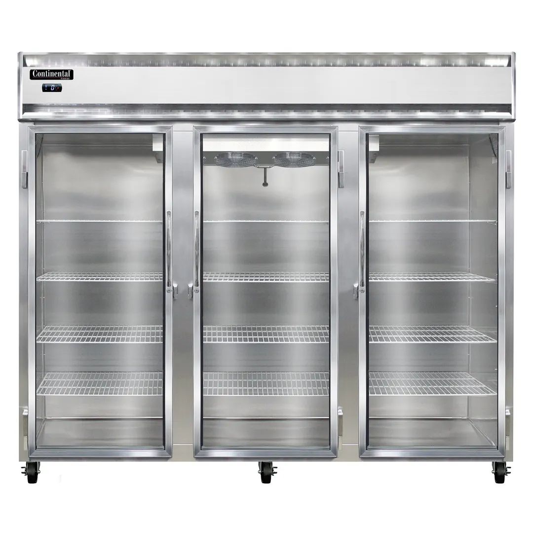 Continental Refrigerator 3FENSSGD 85” 3-Glass Door Reach-In Freezer, Top Mounted, 73 cu. ft., Stainless Steel