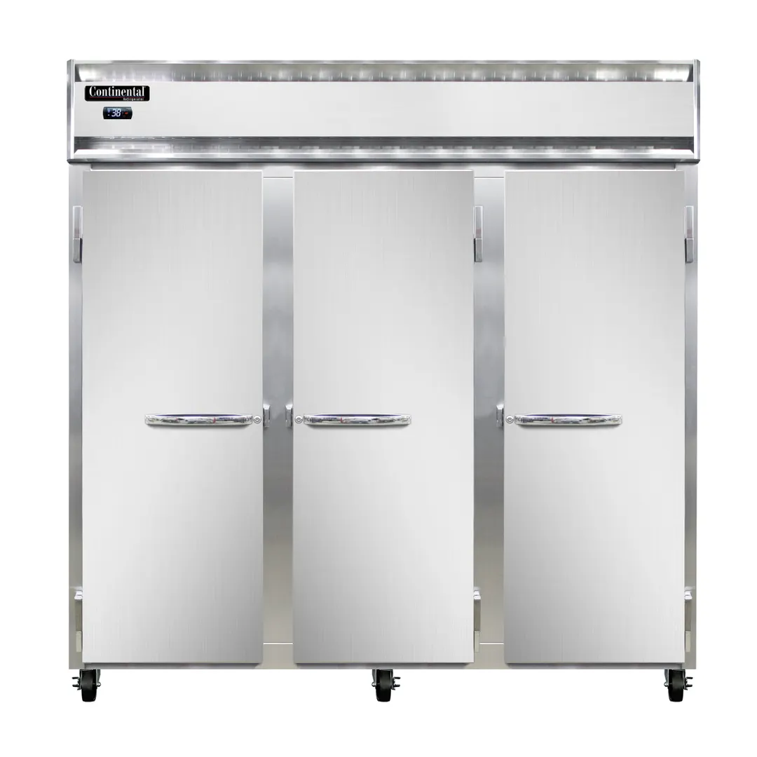 Continental Refrigerator 3RNPT 78" 3-Section Pass-Thru Refrigerator w/ 6 Solid Doors, Stainless Steel Front Aluminum Ends, 72 cu ft