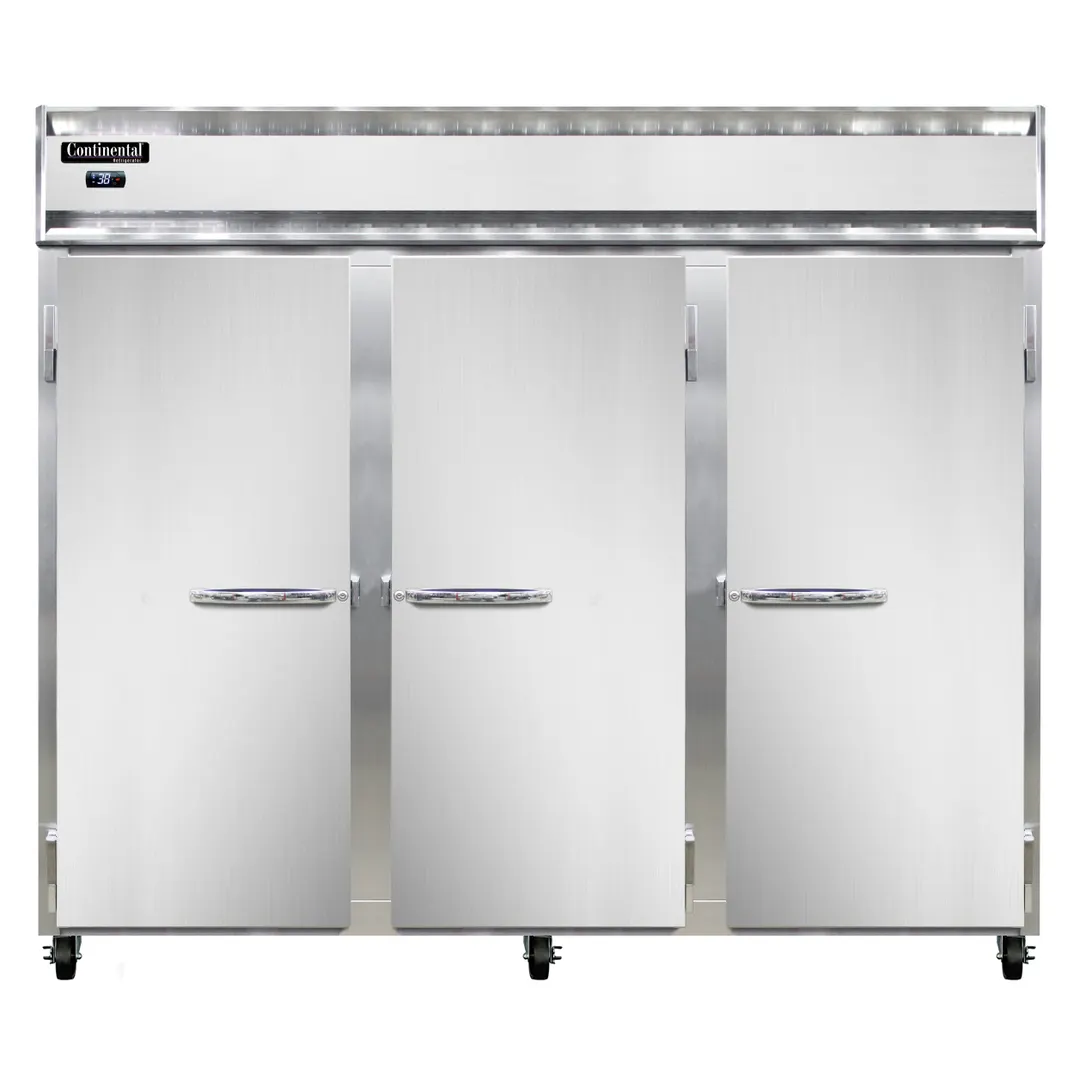 Continental Refrigerator 3RENPT 86" 3-Section Pass-Thru Refrigerator w/ 6 Solid Doors, Stainless Steel Front Aluminum Ends, 75 cu. ft.