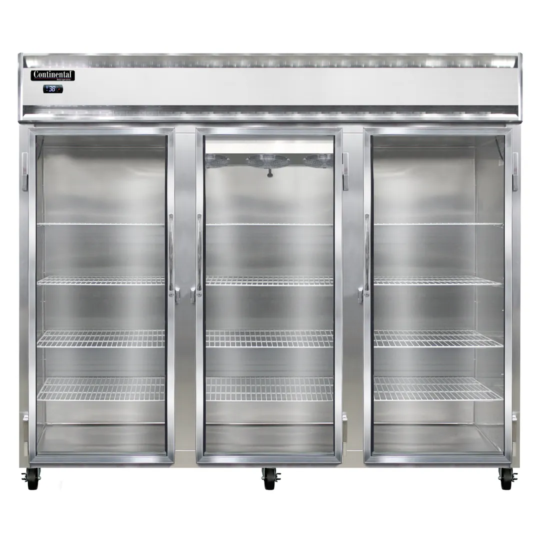 Continental Refrigerator 3RENGD 86" 3-Section Reach-In Refrigerator w/ 3 Glass Doors, Stainless Steel Front Aluminum Exterior, 73 cu.ft.