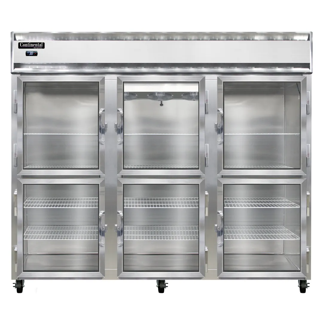 Continental Refrigerator 3RENGDHD 86" 3-Section Reach-In Refrigerator w/ 6 Glass Half Doors, Stainless Steel Front Aluminum Exterior, 73 cu.ft.