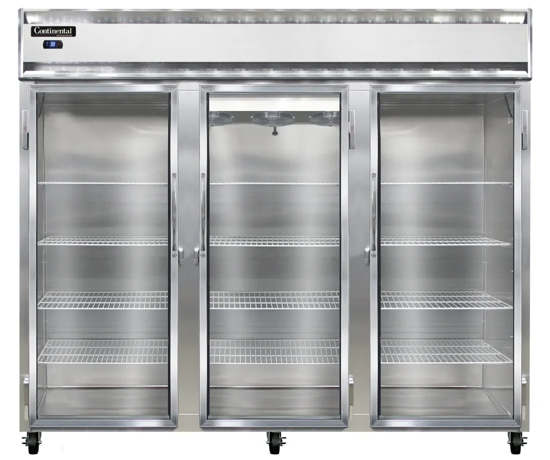 Continental Refrigerator 3RENSSGD 86" 3-Section Reach-In Refrigerator w/ 3 Glass Doors, All Stainless Steel, 73 cu.ft.