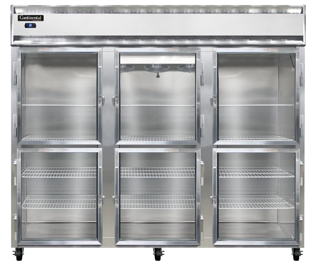 Continental Refrigerator 3RENSSGDHD 86" 3-Section Reach-In Refrigerator w/ 6 Glass Half Doors, All Stainless Steel, 73 cu.ft.