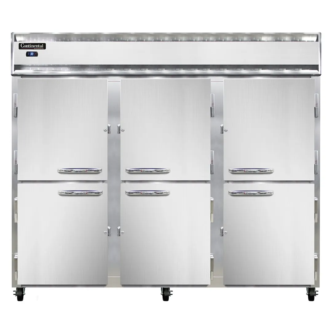 Continental Refrigerator 3RESNHD 86" 3-Section Reach-In Refrigerator w/ 6 Solid Half Doors, Stainless Steel Front Aluminum Exterior, 63 cu.ft.