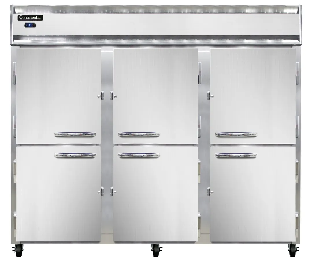 Continental Refrigerator 3RESNSAHD 86" 3-Section Reach-In Refrigerator w/ 6 Solid Half Doors, Stainless Steel Exterior, 63 cu.ft.
