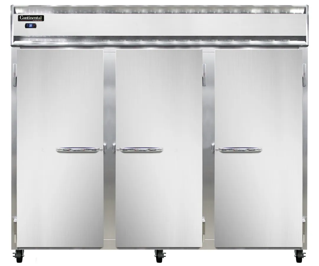Continental Refrigerator 3RESNSS 86" 3-Section Reach-In Refrigerator w/ 3 Solid Doors, All Stainless Steel, 63 cu.ft.