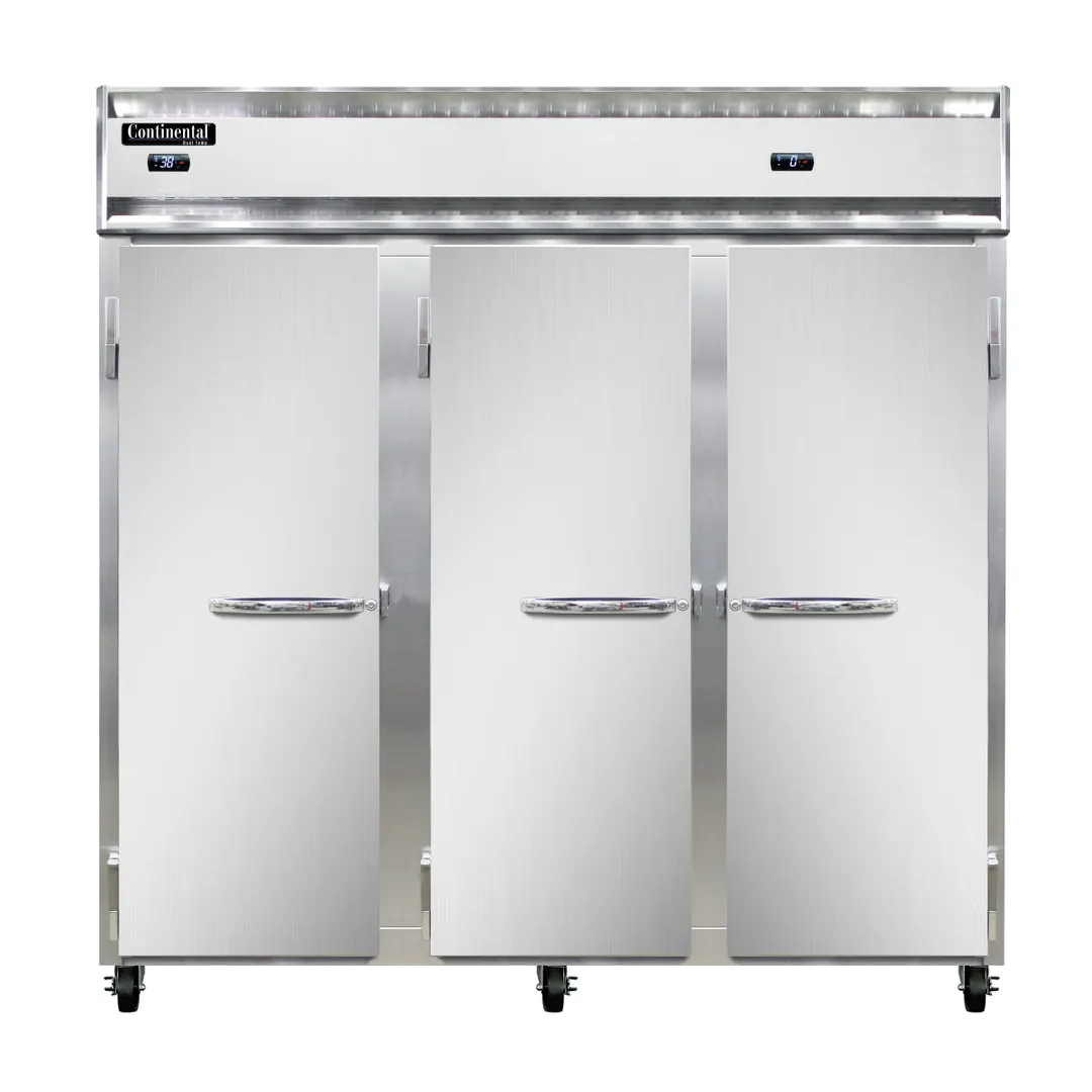 Continental Refrigerator 3RFFN 78" 3-Section Reach-In Refrigerator Freezer Combo w/ 3 Solid Doors