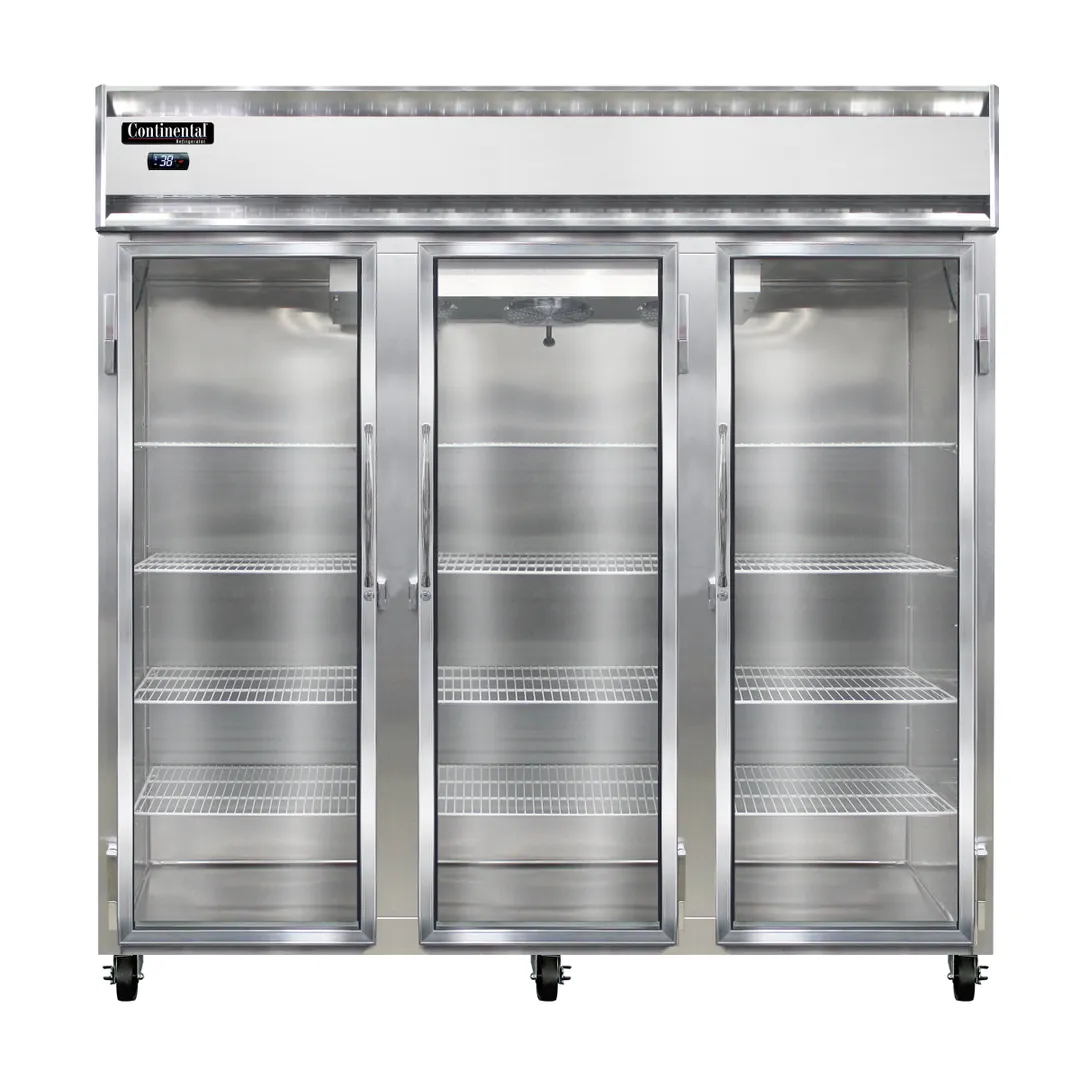Continental Refrigerator 3RNGD 78" 3-Section Reach-In Refrigerator w/ 3 Glass Doors, Stainless Steel Front Aluminum Exterior, 70 cu.ft.