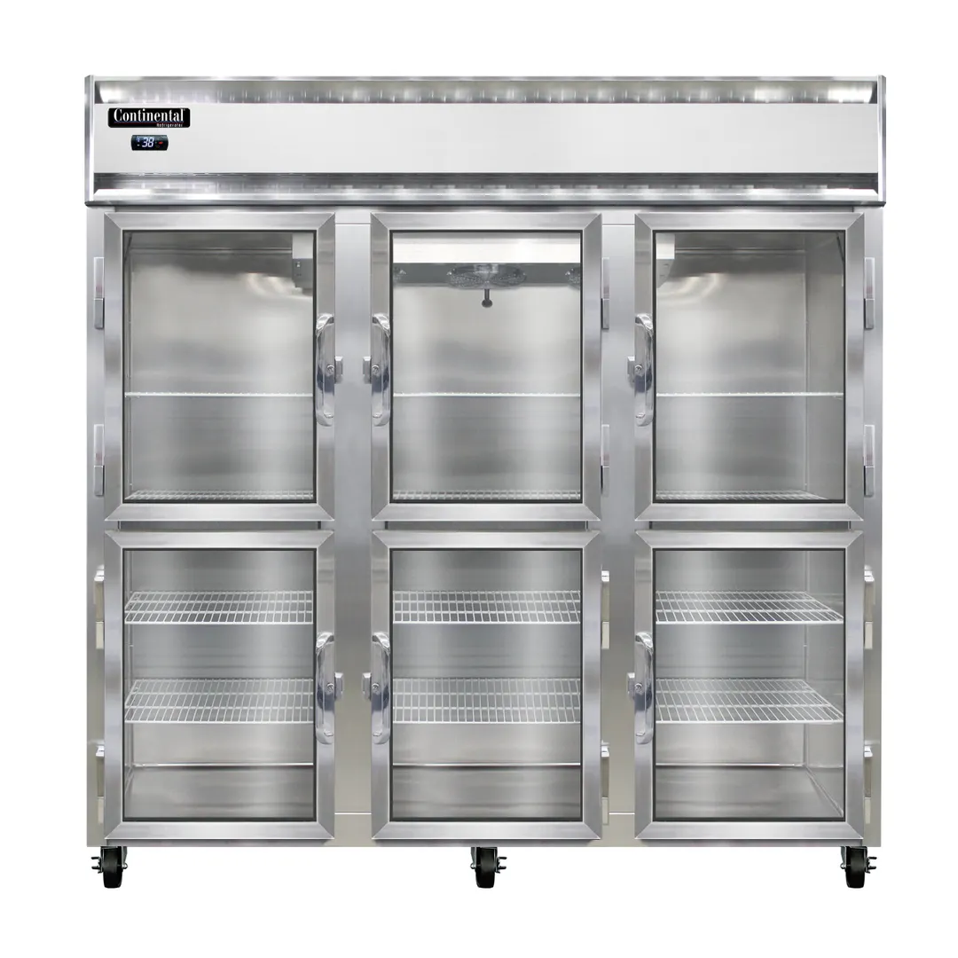 Continental Refrigerator 3RNGDHD 78" 3-Section Reach-In Refrigerator w/ 6 Glass Half Doors, 70 cu.ft.