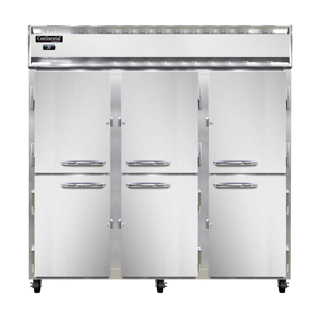 Continental Refrigerator 3RNHD 78" 3-Section Reach-In Refrigerator w/ 6 Solid Half Doors, 70 cu.ft.