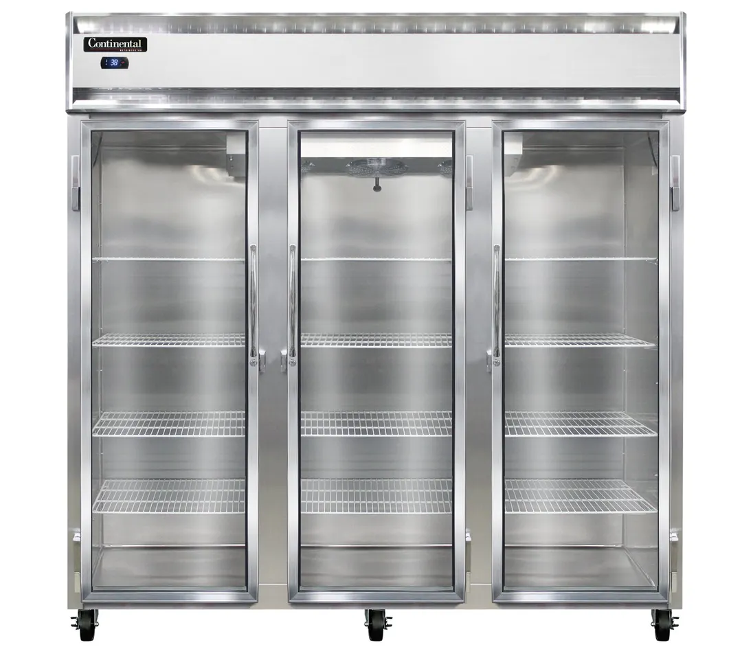 Continental Refrigerator 3RNSAGD 78" 3-Section Reach-In Refrigerator w/ 3 Glass Doors, Stainless Steel Exterior, 70 cu.ft.