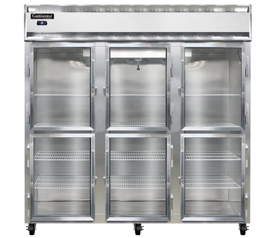 Continental Refrigerator 3RNSAGDHD 78" 3-Section Reach-In Refrigerator w/ 6 Glass Half Doors, Stainless Steel Exterior, 70 cu.ft.