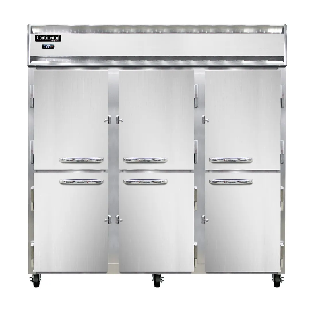 Continental Refrigerator 3RNSSHD 78" 3-Section Reach-In Refrigerator w/ 6 Solid Half Doors, All Stainless Steel, 70 cu.ft.