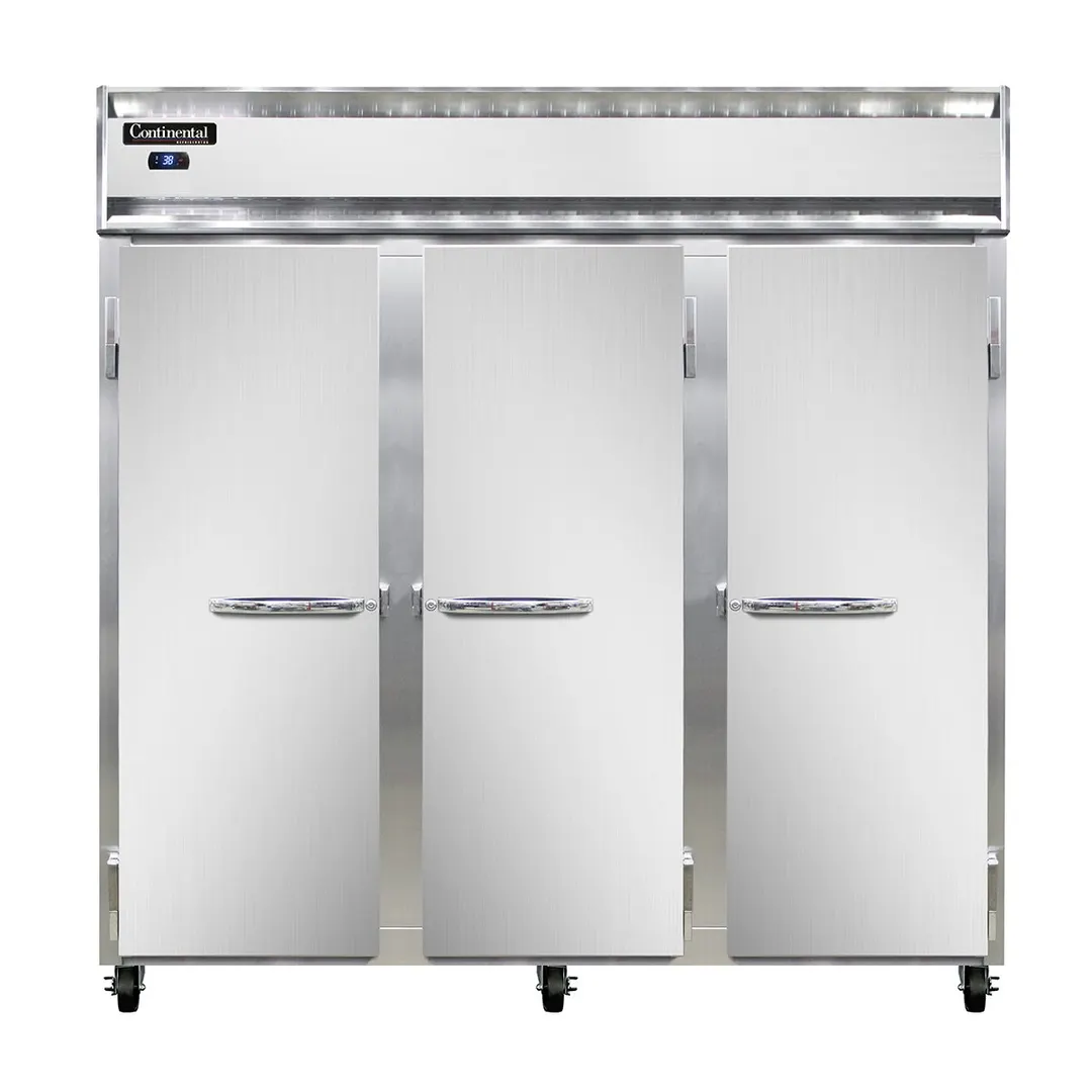 Continental Refrigerator 3RSN 78" 3-Section Reach-In Refrigerator w/ 3 Solid Doors, Stainless Steel Front Aluminum Exterior, 50 cu.ft.