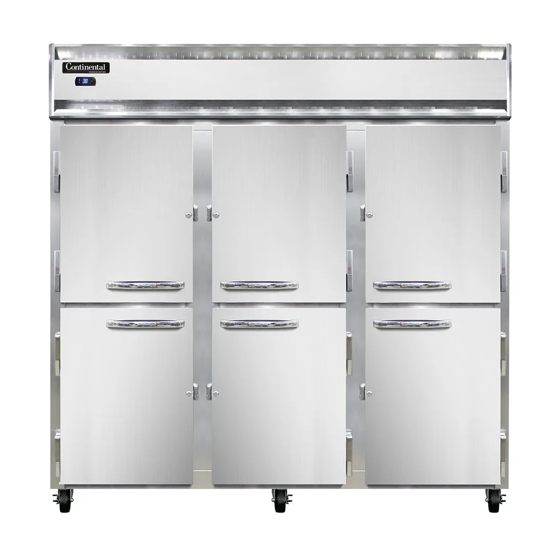 Continental Refrigerator 3RSNHD 78" 3-Section Reach-In Refrigerator w/ 6 Half Solid Doors, 50 cu.ft.