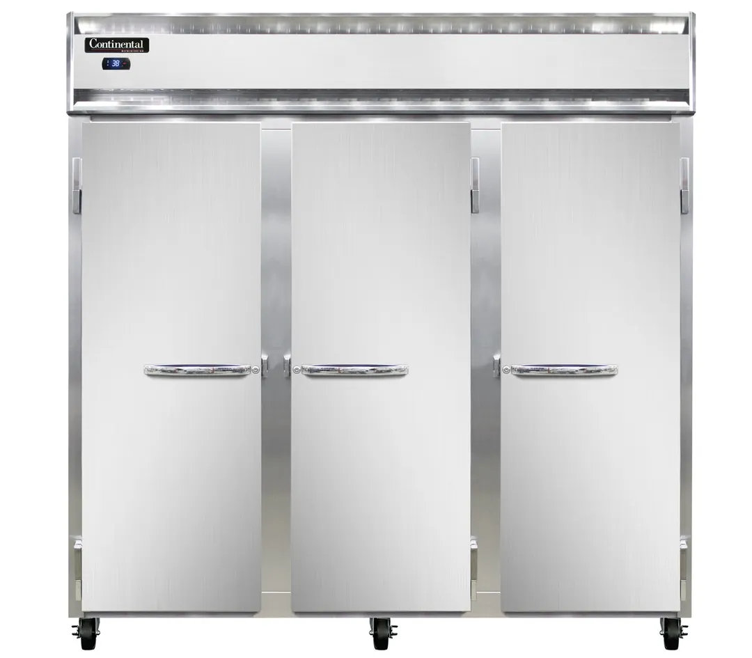 Continental Refrigerator 3RSNSA 78" 3-Section Reach-In Refrigerator w/ 3 Solid Doors, Stainless Steel Exterior, 50 cu.ft.