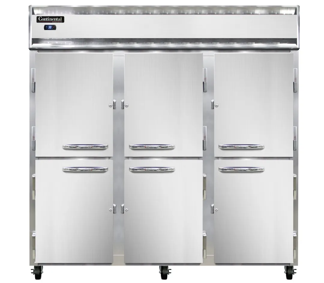 Continental Refrigerator 3RSNSSHD 78" 3-Section Reach-In Refrigerator w/ 6 Solid Half Doors, All Stainless Steel, 50 cu.ft.