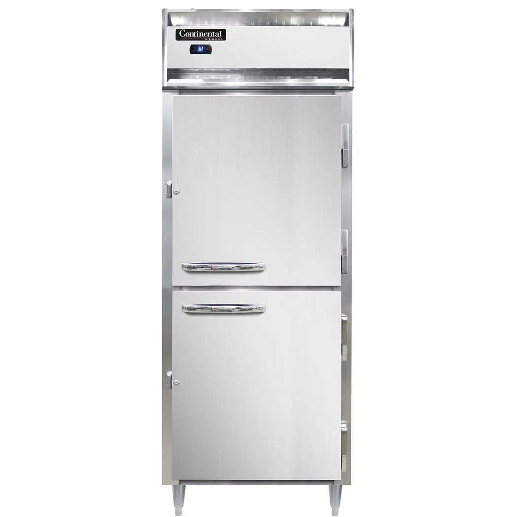Continental Refrigerator D1RENSAPTHD 29" 1-Section Pass-Thru Refrigerator w/ 4 Half Solid Doors, Stainless Steel Exterior, 22 cu. ft.
