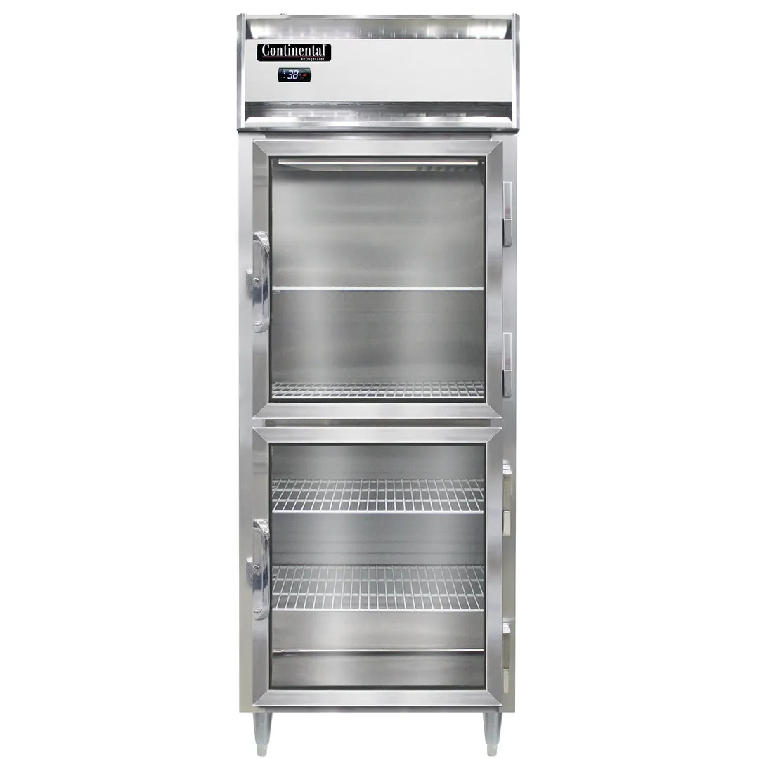 Continental Refrigerator D1RENSSGDHD 28" 1-Section Reach-In Refrigerator w/ 2 Glass Half Doors, All Stainless Steel, 22 cu. ft.