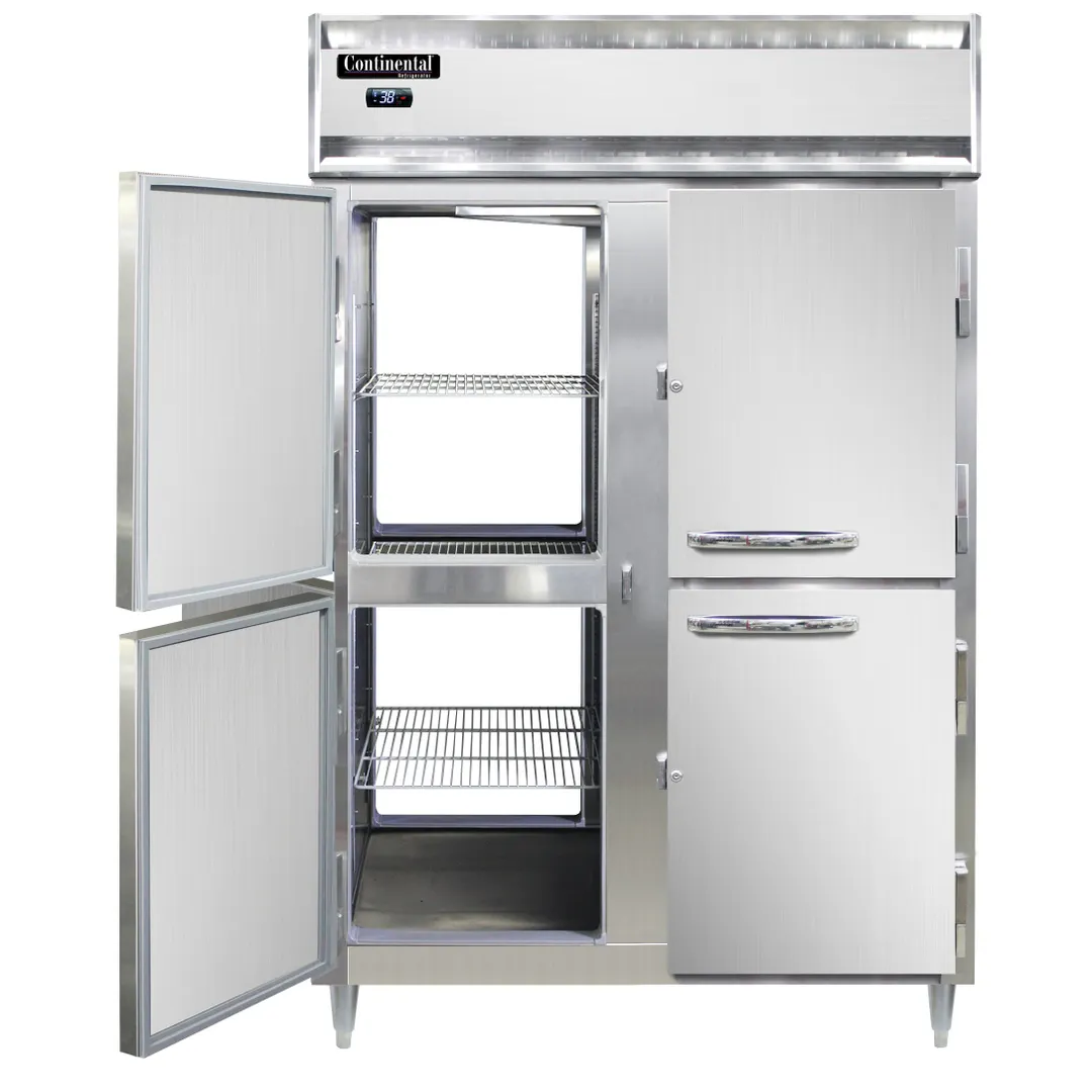Continental Refrigerator D2RNPTHD 52" 2-Section Pass-Thru Refrigerator w/ 8 Half Solid Doors, Stainless Steel Front Aluminum Ends, 50 cu. ft.