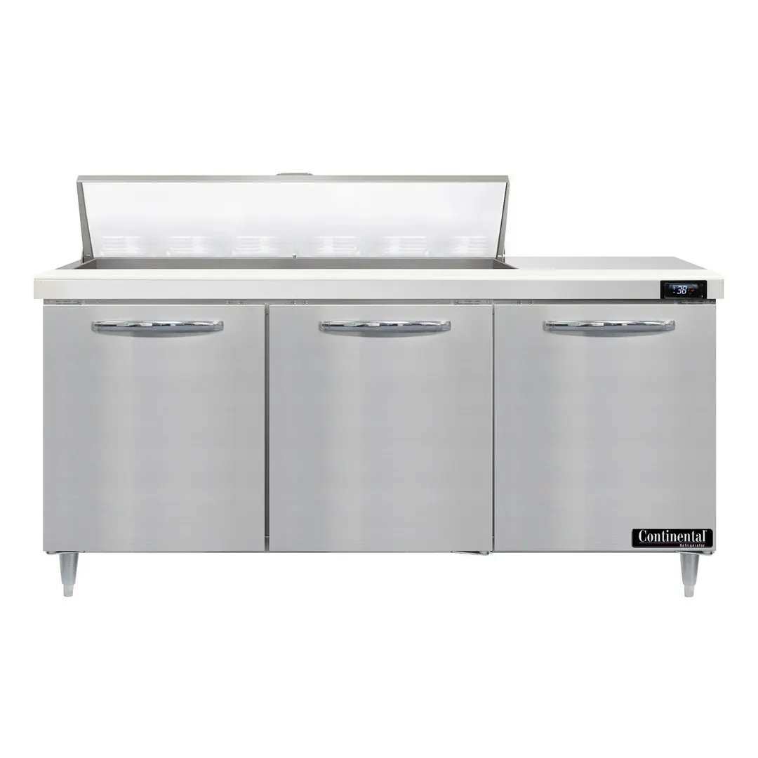 Continental Refrigerator D72N12 72" Three Section Sandwich / Salad Prep Table w/ 3 Doors, 12 Pans