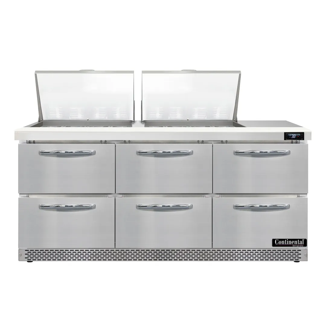 Continental Refrigerator D72N24M-FB-D 72" Mega Top Sandwich Prep Table w/ 6 Drawers, 24 pans
