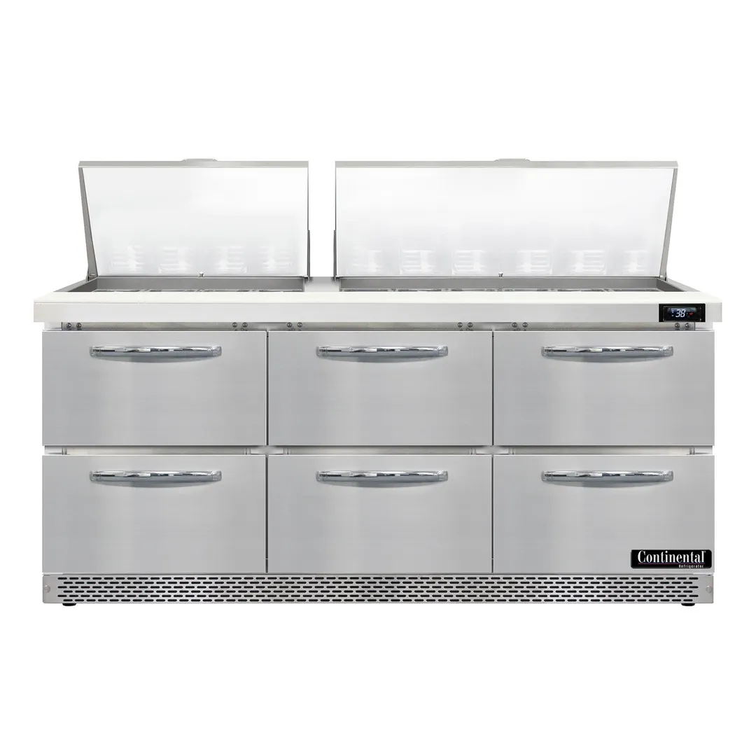 Continental Refrigerator D72N30M-FB-D 72" Mega Top Sandwich Prep Table w/ 6 Drawers, 30 pans