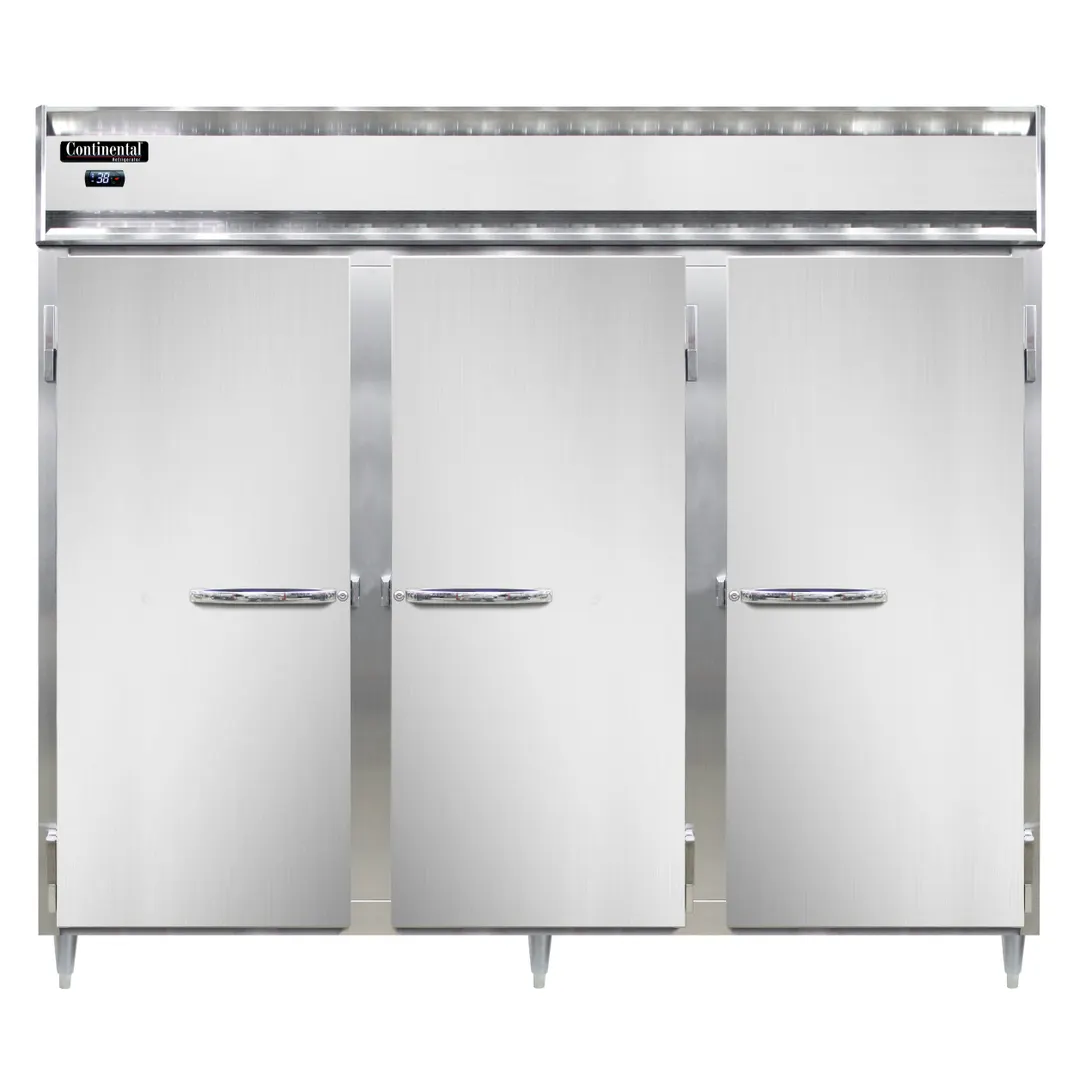 Continental Refrigerator DL3RENPT 86" 3-Section Pass-Thru Refrigerator w/ 6 Solid Doors, Stainless Steel Front Aluminum Ends, 75 cu. ft.