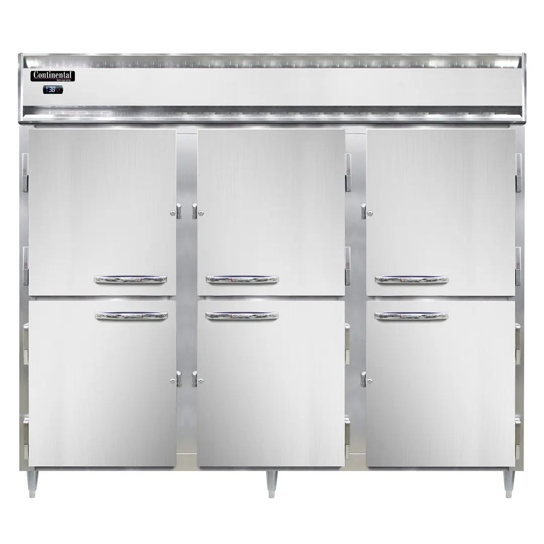 Continental Refrigerator DL3RENSAPTHD 86" 3-Section Pass-Thru Refrigerator w/ 12 Half Solid Doors, Stainless Steel Exterior, 75 cu. ft.
