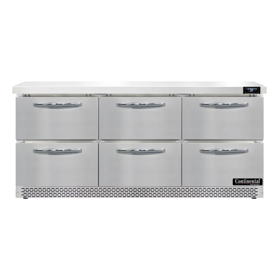 Continental Refrigerator SW72N-FB-D 72" 3-Section Worktop Refrigerator w/ 6 Drawers, 20.6 cu. ft.