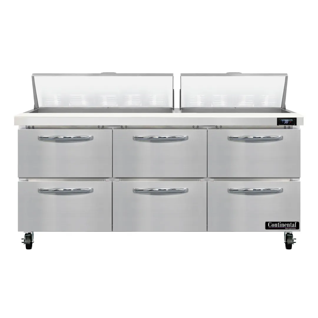 Continental Refrigerator SW72N18-D 72" 6-Drawer Sandwich and Salad Prep Table, 18 Pans, Stainless Steel Exterior
