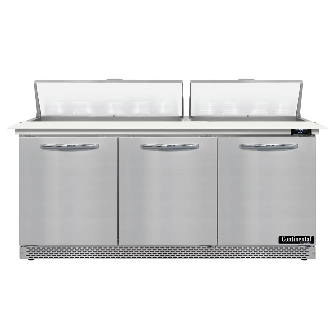 Continental Refrigerator SW72N18C-FB 72" 3-Door Sandwich and Salad Prep Table, 18 Pans, Stainless Steel Exterior