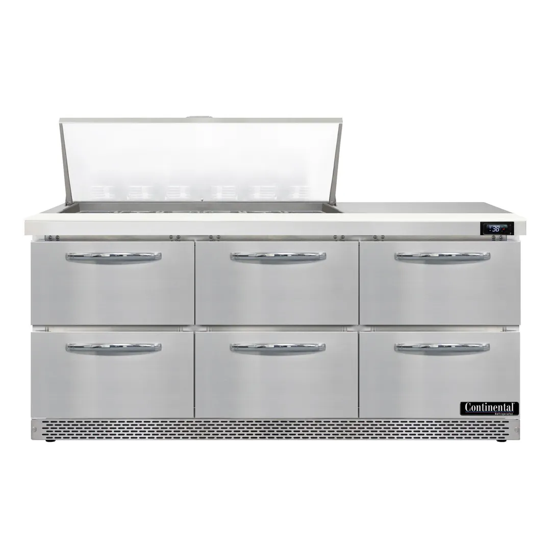 Continental Refrigerator SW72N18M-FB-D 72" Mega Top Sandwich Prep Table w/ 6 Drawers, 18 pans